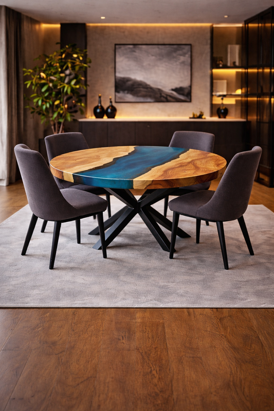 Glacier Stream™ – Signature Round Crystal Epoxy Dining Table