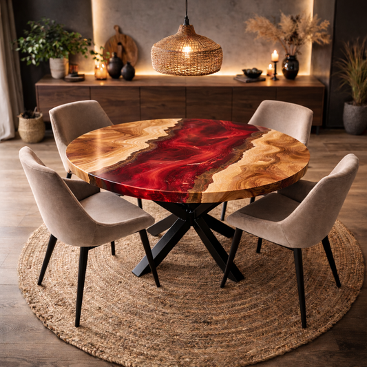 Crimson Flow™ – Signature Round Ruby Epoxy Dining Table