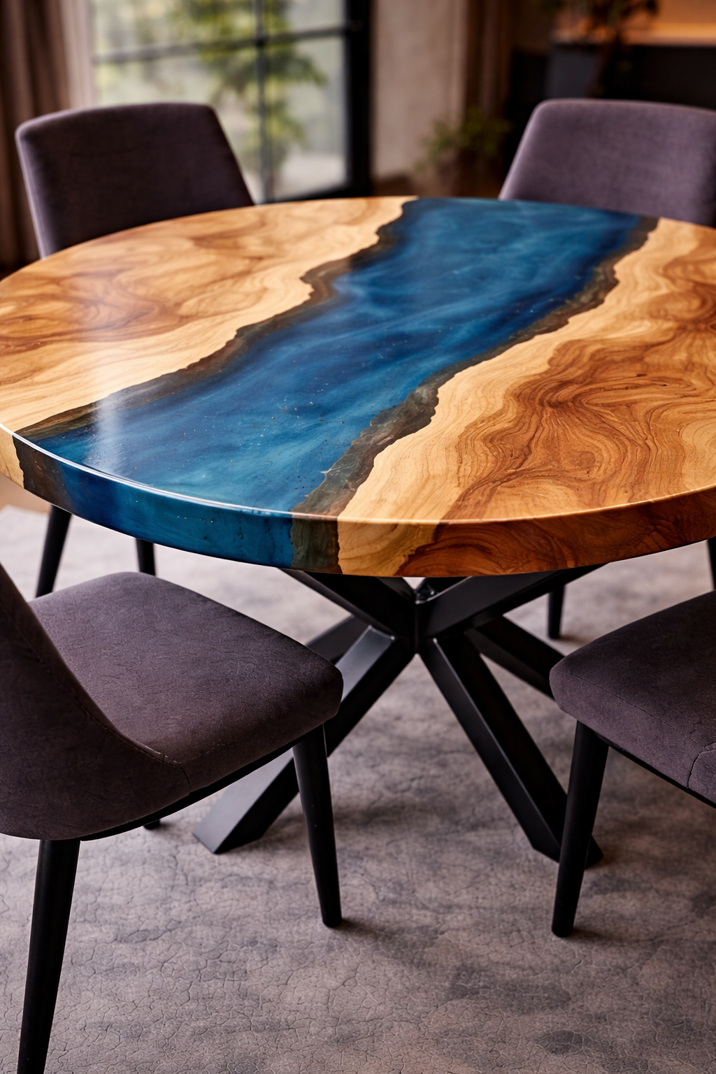 Glacier Stream™ – Signature Round Crystal Epoxy Dining Table