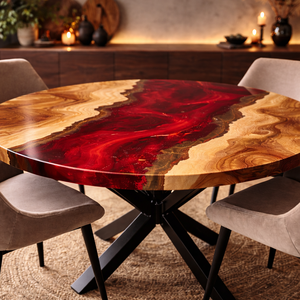Crimson Flow™ – Signature Round Ruby Epoxy Dining Table