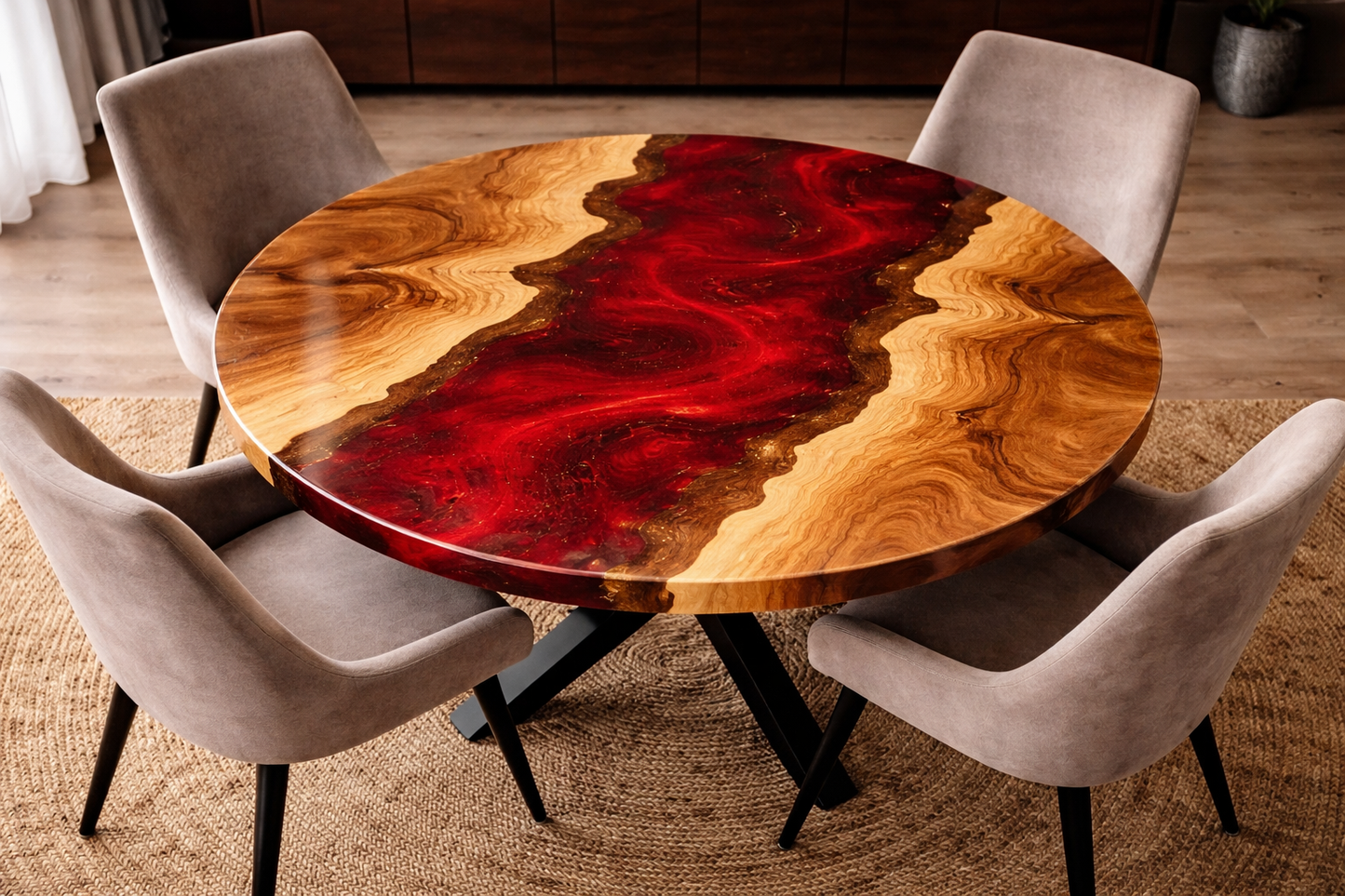 Crimson Flow™ – Signature Round Ruby Epoxy Dining Table